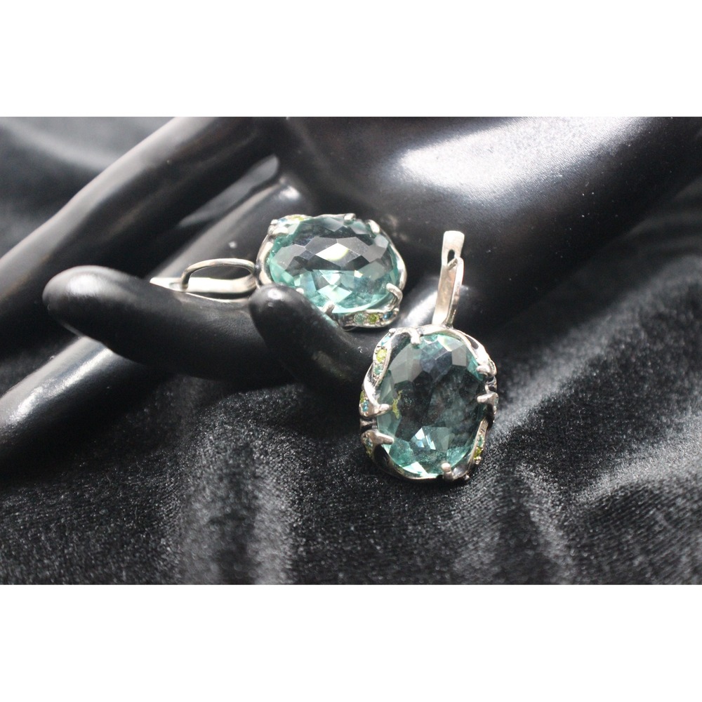 925 Silver Leverback Earrings Probable Green Quartz Vintage Style Multifaceted